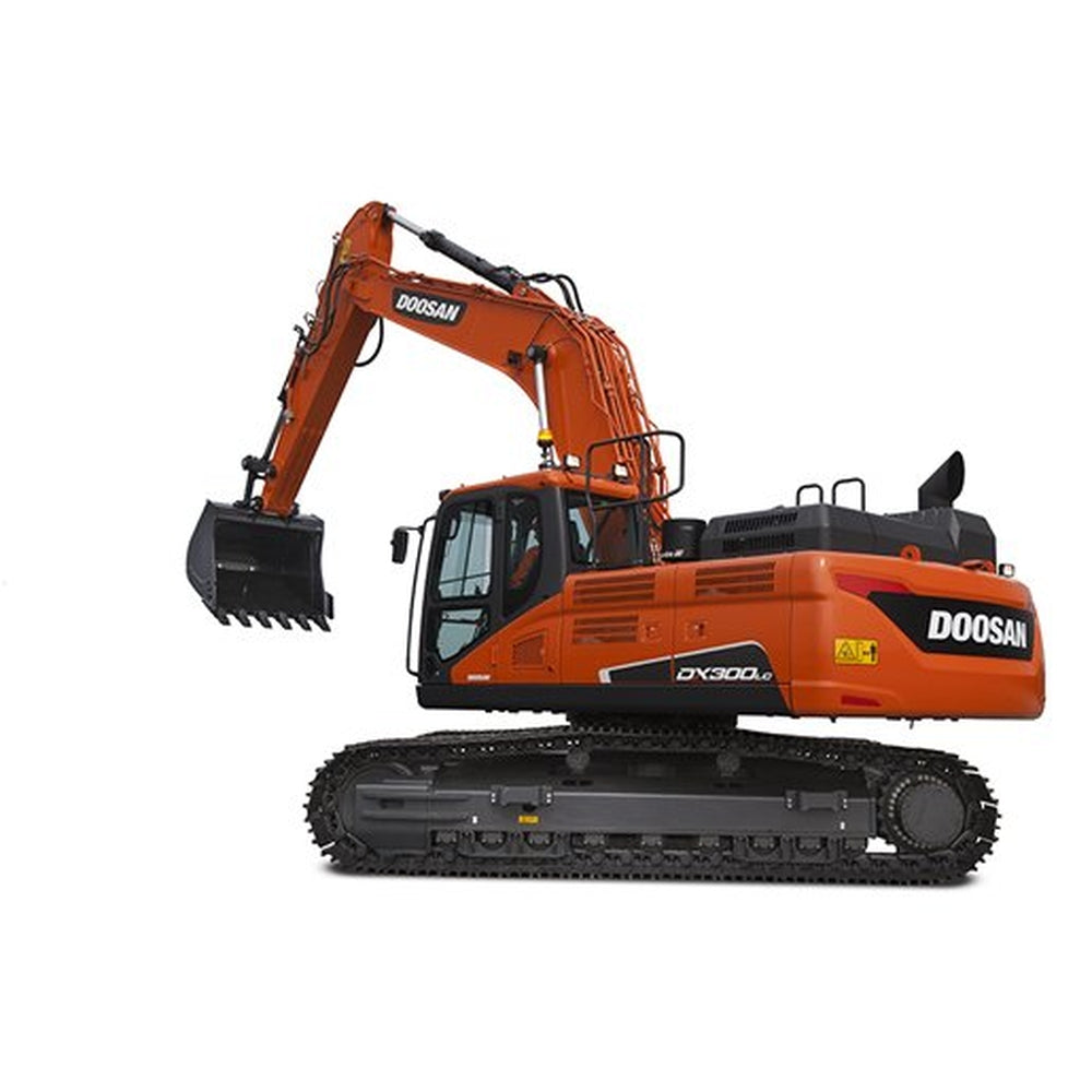 Doosan DX300 LC-5 crawler excavator with orange boom, black bucket, enclosed cab, and steel tracks on white background