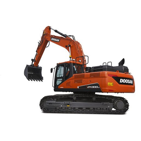 Doosan DX300 LC-5 crawler excavator with orange boom, black bucket, enclosed cab, and steel tracks on white background