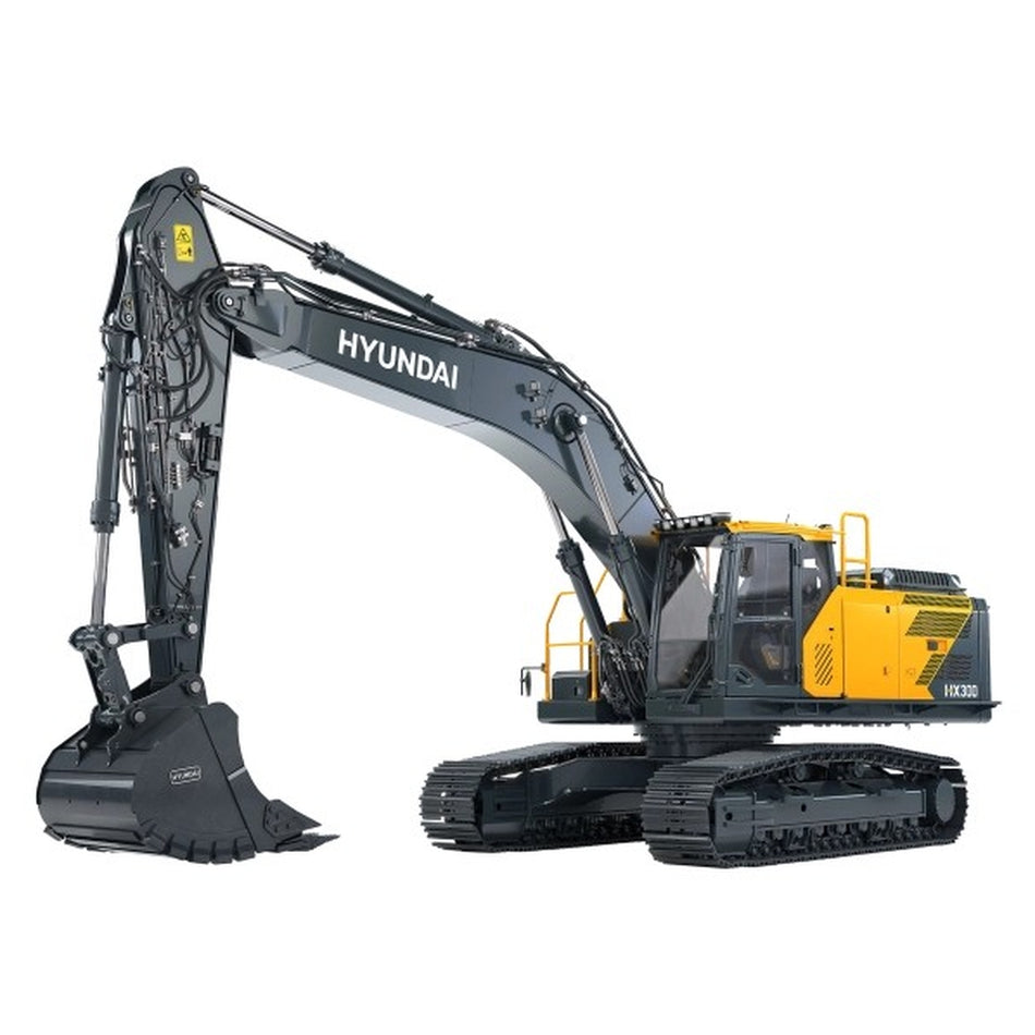 Gray and yellow Hyundai HX300L crawler excavator with black bucket, cab, and tracks on a white background