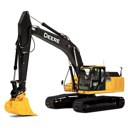 Black and yellow John Deere 250G LC mid-size hydraulic excavator with yellow bucket, black cab, and black tracks on a white background