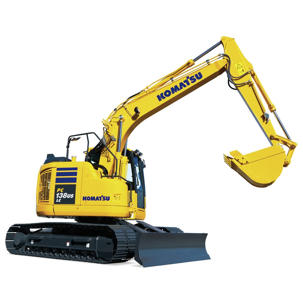 Yellow Komatsu PC138US-11 hydraulic excavator with bucket, blade, and tracks on a white background