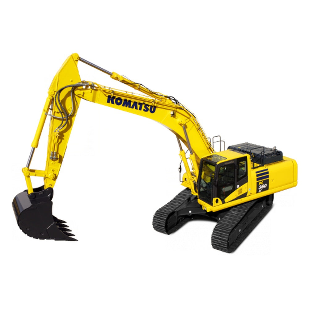 Yellow Komatsu PC360LC-10 hydraulic excavator with bucket, cab, and tracks on a white background
