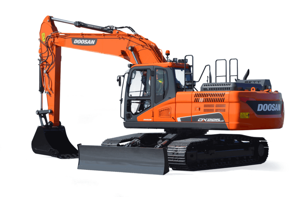 Orange Doosan DX225LC hydraulic excavator with black bucket, black blade, and black tracks on a white background