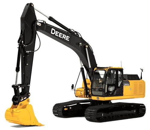 Black and yellow John Deere 250G hydraulic excavator with yellow bucket, black cab, and black tracks on a white background