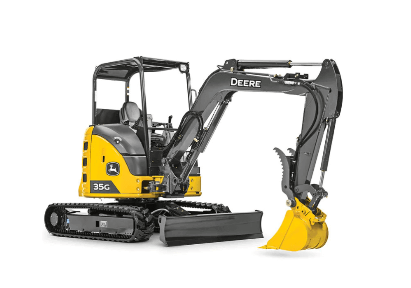 Gray and yellow John Deere 35G compact excavator with yellow bucket, black blade, and black tracks on a white background