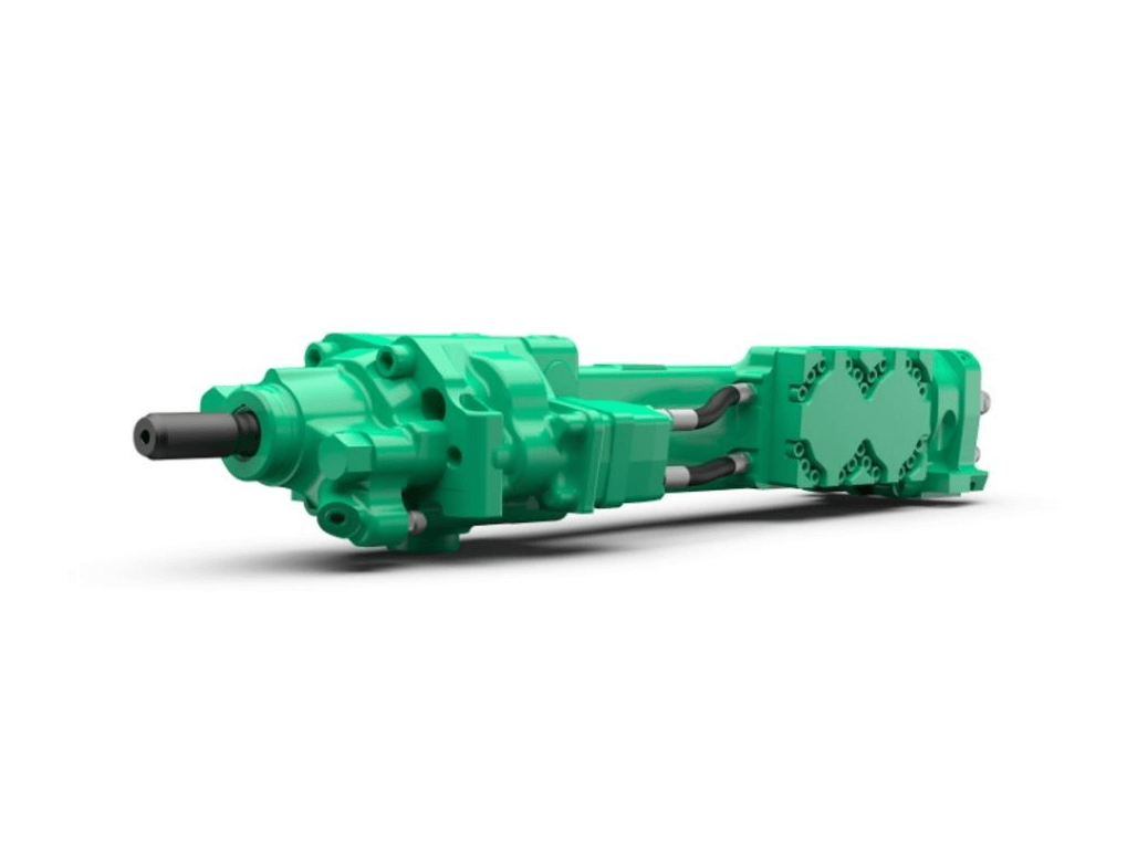 A green hydraulic drifter or rock drill attachment for drill rigs. The brand is Montabert, the model is drifters, and it is a series HC110.