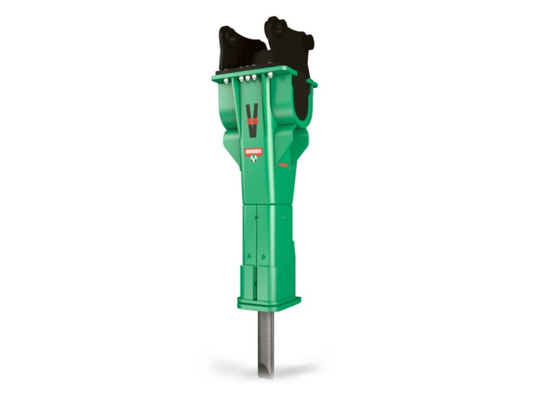 A green hydraulic rock breaker attachment for an excavator. The brand is Montabert, the model is a heavy breaker, and it is a series V1800.