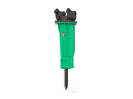 A green hydraulic rock breaker attachment for an excavator. The brand is Montabert, the model is a medium breaker, and it is a series 501 NG.
