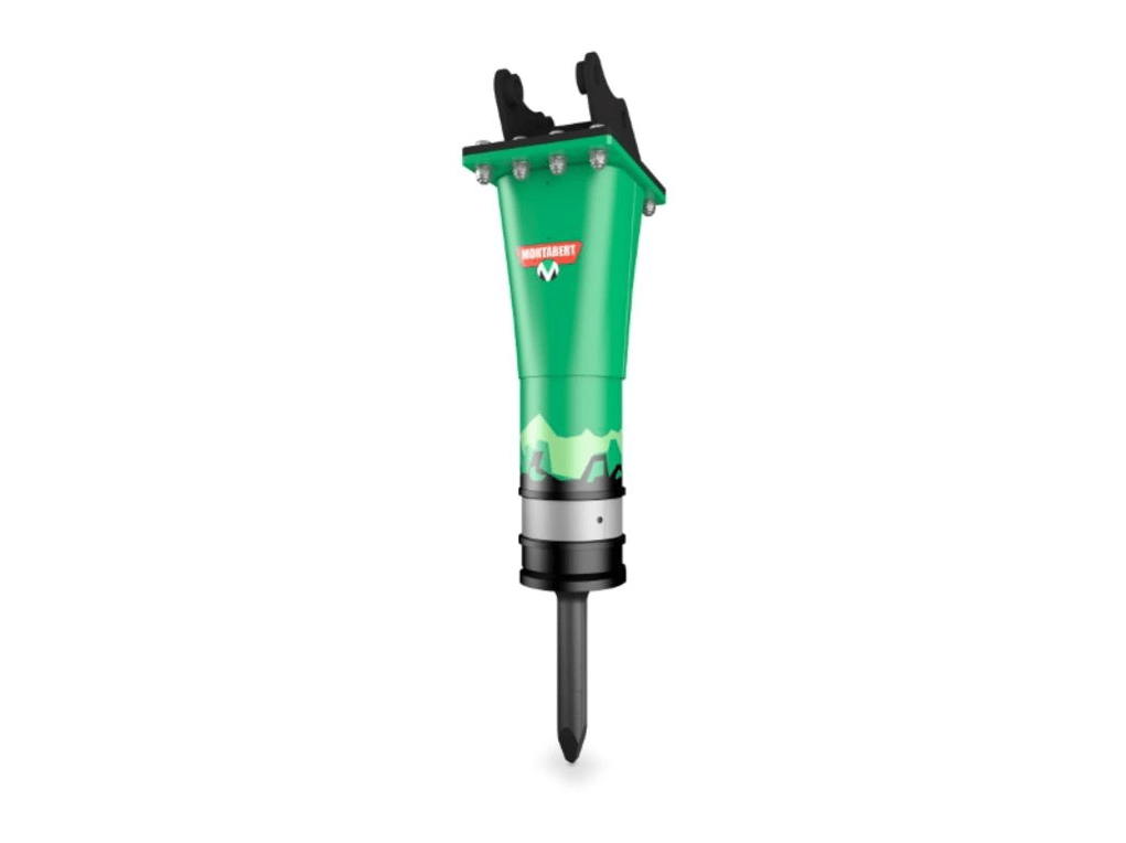 A green hydraulic rock breaker attachment for an excavator. The brand is Montabert, the model is SC, and the series is SC12.