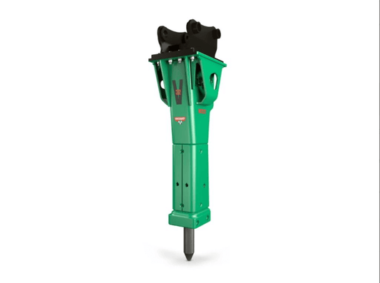 A green hydraulic rock breaker attachment for an excavator. The brand is Montabert, the model is a variable breaker, and it is a series V32.
