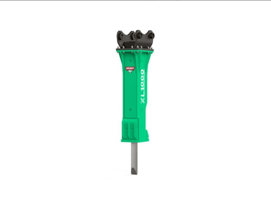 Green hydraulic rock breaker attachment for an excavator. The brand is Montabert, the model is a XL breaker, and it is a series XL 1000.