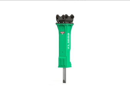 Green hydraulic rock breaker attachment for an excavator. The brand is Montabert, the model is a XL breaker, and it is a series XL 1000.
