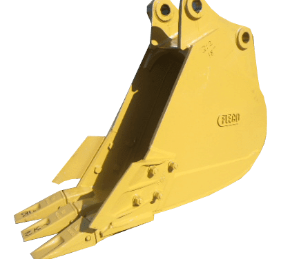 Side view of a yellow Fleco excavator bucket with sharp teeth and visible branding, set against a white background.