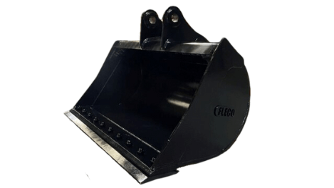 Side view of a black Fleco ditch cleaning bucket with a smooth edge and visible branding.