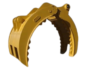 Close-up view of a golden-yellow FLECO Excavator Grapple showcasing its AR400 reinforced boxed serrated tines and distinct curvature.