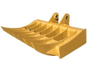 Angled view of a FLECO Excavator Rake, showcasing its multiple curved AR400 steel tines, dual gussets for added strength, and the double top tube frame. The design is painted in a distinct yellow shade with attachment points visible at the back.