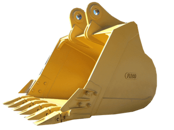 Side view of a yellow Fleco excavator bucket with a smooth edge and visible branding.