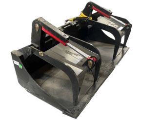 FLECO Skid Steer Grapple Bucket with universal hookup, designed for tough tasks; features protective guards and enclosed hydraulic lines.