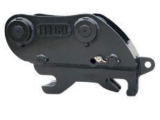 Black FLECO Hydraulic Coupler, crafted from Hardox 500 Steel, designed for universal attachment use. Features built-in safety check valve, no pin removal design, and includes a D-ring. Comes with a universal hydraulic install kit.