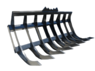 Angled view of a FLECO Loader Rake, consisting of multiple AR400 steel tines curving slightly upwards. Each tine is reinforced with gussets welded on both sides, ensuring rigidity. The entire equipment is painted in a metallic blue-gray shade, with a robust top frame that holds the tines together.