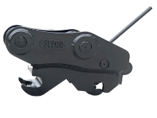 Black FLECO Manual Coupler featuring an Auto-Lock system with a pull-down lever and safety pin lock. Made from Hardox 500 Steel, equipped with a D-ring, and accompanied by dead pins. Designed for quick and safe attachment exchanges.