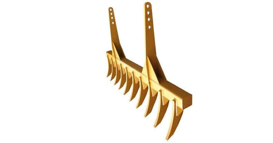 Side view of a FLECO Moldboard Rake, featuring sharp and evenly spaced AR400 steel tines extending downwards. The rake showcases two elongated universal mounting brackets at the top with multiple attachment holes. The entire equipment is painted in a vibrant golden-yellow hue.