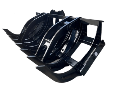 Angled view of a black FLECO Quad Arm Grapple Rake with AR400 steel tines and independent dual-grapple arms, reinforced with side-welded gussets for durability.
