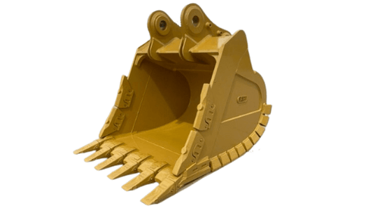 Side perspective of a yellow Fleco rock bucket with robust teeth and sturdy construction, set against a white background.