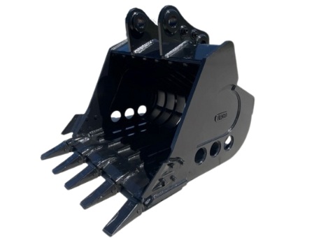 Fleco Attachments Skeleton Bucket for excavators, featuring reinforced metal ribs and side cutouts for sorting and sifting material.