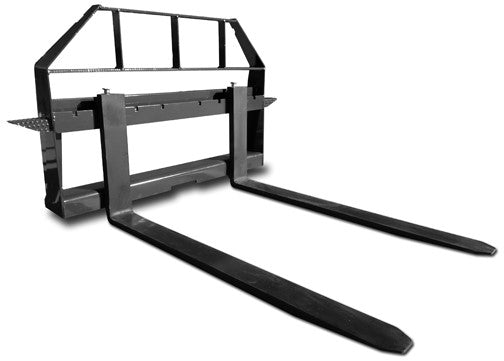 FLECO Skid Steer Pallet Forks in a grayscale image, highlighting its universal hookup design. The forks are built with fully forged tines for lifting pallets, lumber, and other materials. 