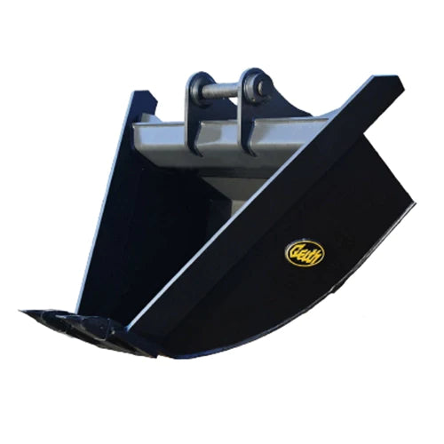 Geith Trap Bucket for excavators; rounded bottom, two teeth for soil penetration, ideal for trenching.