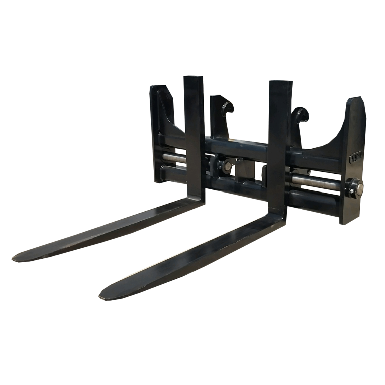 FLECO Loader Forks in a side view, showcasing the heavy-duty rigid back frame in black with a low profile for maximum visibility. The forks have fully forged tines and adjustable width capabilities, designed for Coupler Style Hookups compatible with JRB, Cat IT, and Cat Fusion Style Couplers.
