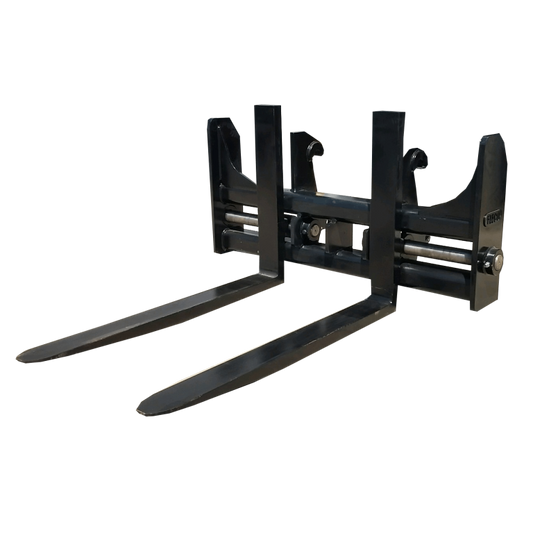 FLECO Loader Forks in a side view, showcasing the heavy-duty rigid back frame in black with a low profile for maximum visibility. The forks have fully forged tines and adjustable width capabilities, designed for Coupler Style Hookups compatible with JRB, Cat IT, and Cat Fusion Style Couplers.