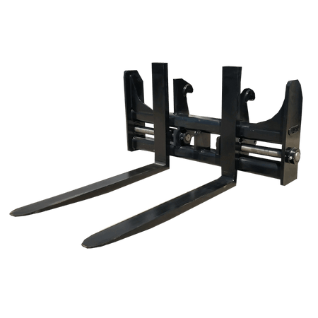 FLECO Loader Forks in a side view, showcasing the heavy-duty rigid back frame in black with a low profile for maximum visibility. The forks have fully forged tines and adjustable width capabilities, designed for Coupler Style Hookups compatible with JRB, Cat IT, and Cat Fusion Style Couplers.